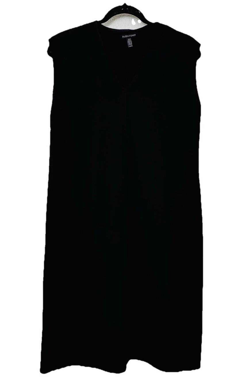 Eileen Fisher Black Lyocell V-Neck Shift Dress XS Oversized Classic Capsule